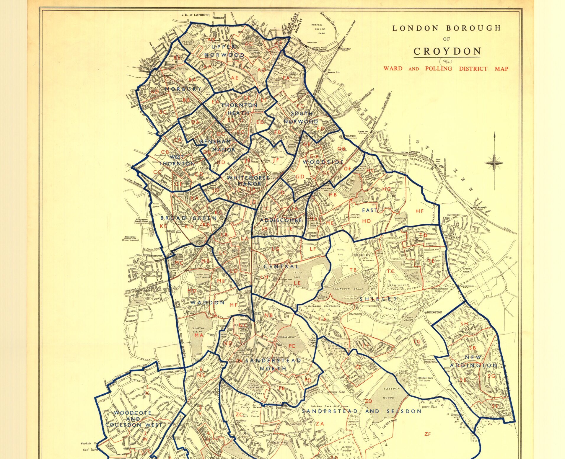 A yellowed map of the London borough of Croydon in 1964