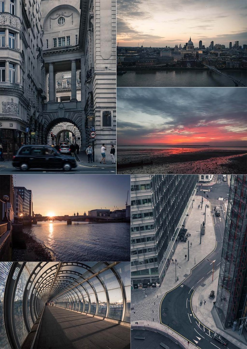 six pictures from London, three showing the river Thames others focusing on the modern architecture. each of these pictures are taken in the evening around sunset