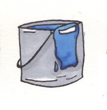 A drawing of a paint can filled with blue paint with some spilling out