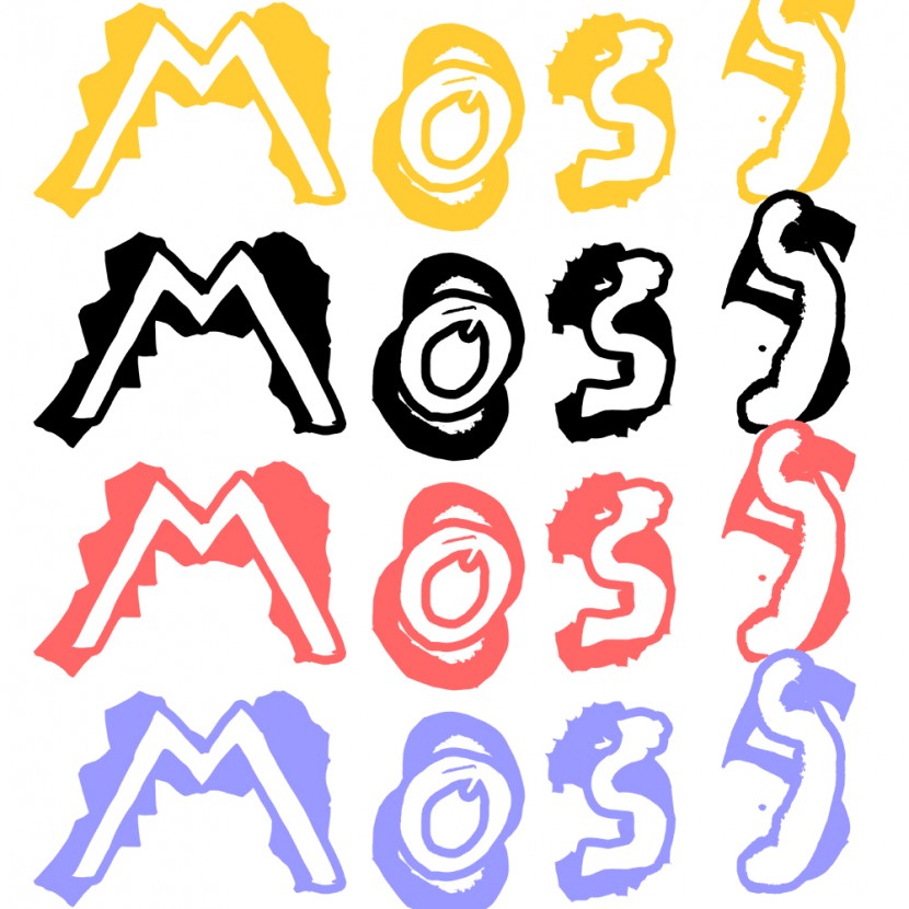the words moss in yellow, black, red and lilac