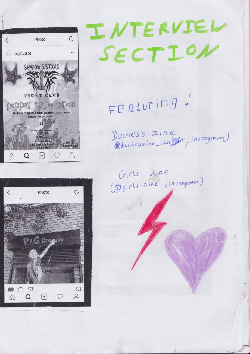 An introduction to an interview section featuring two zine creators (@duchesszine_ldn and @girls.zine on inata)