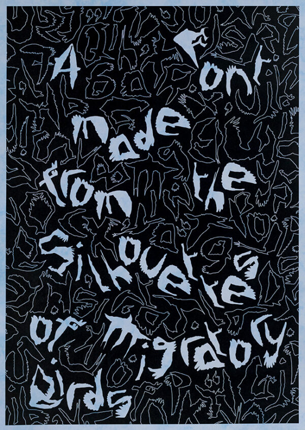 a poster with the distorted text "A font made from the silhouettes of migratory birds"