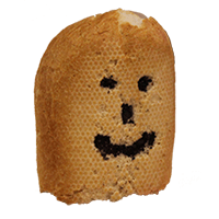 an animation of the end of a baguette with a black smile face drawn on it spinning