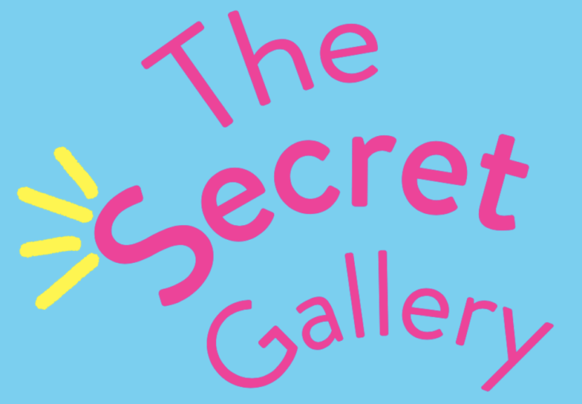 Blue background, pink happy text says 'The Secret Gallery'