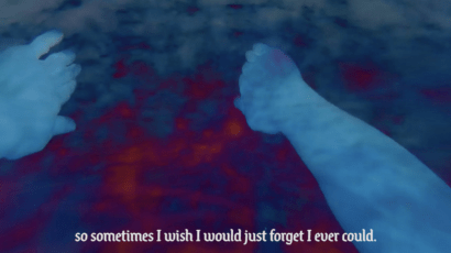 Two hands appear to be swimming in water. The subtitle reads, 'So sometimes I wish I could forgot I ever could.'