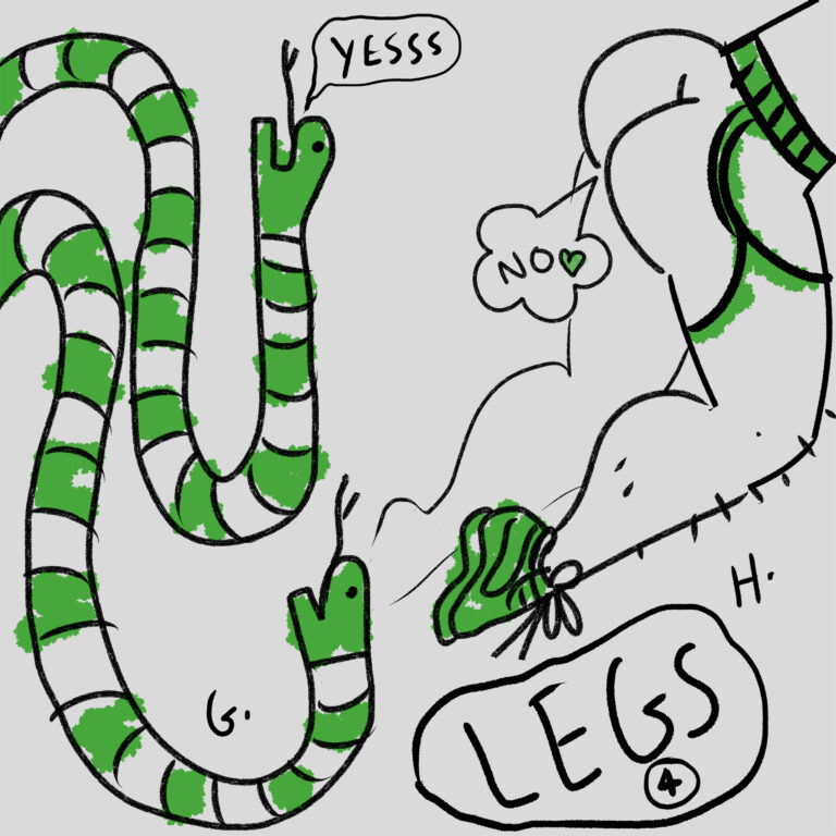 An illustration shows two options for legs for a monster - one snakey snakes, the other sexy lithe limbs