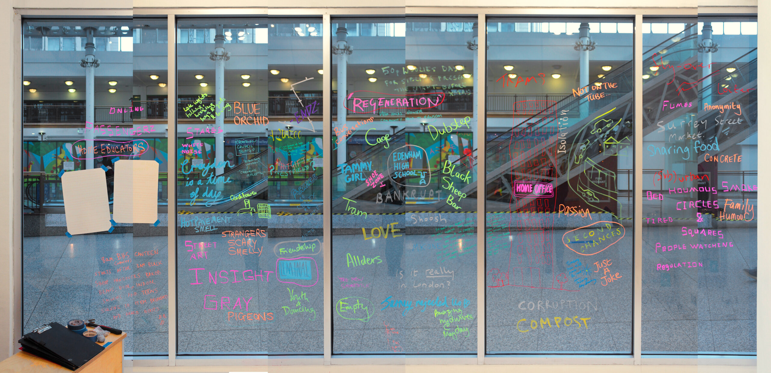 the outside of the TURF building after people wrote on the windows