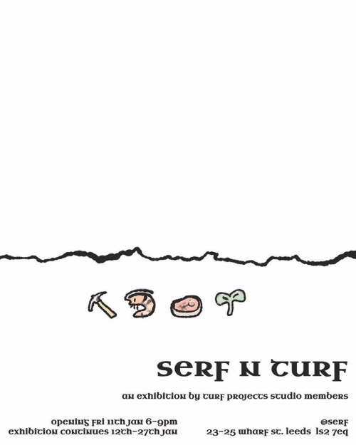 serf n turf part one poster. There are little emojis of a pickaxe, a steak, a shrimp, and a grass shoot, along with the details for the Serf n Turf part one show,