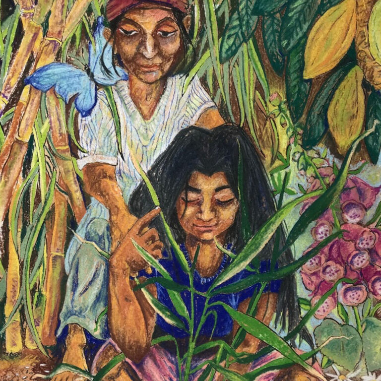 a painting by Salina gani of two people tending to potted plants
