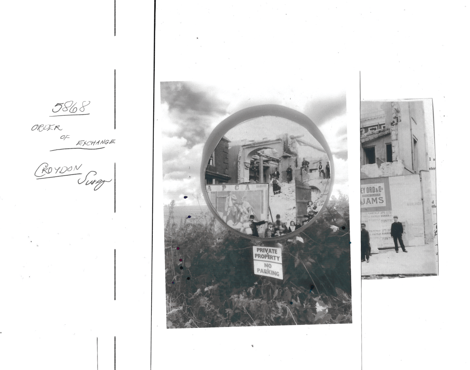 two black and white photographs of people situated around buildings. on the left "5868 - order of exchange" is written