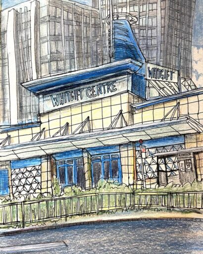a coloured drawing of one of the whitgift centres entrances