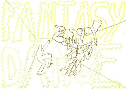 a drawing of turf projects space with yellow and black outlines of people in varying poses