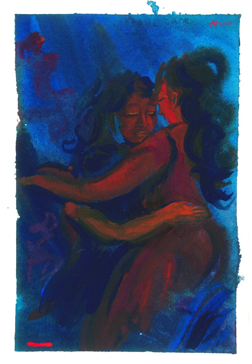 a painting of two women on a blue background
