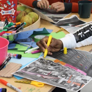 participants of the workshop markmaking on various images of croydon landmarks