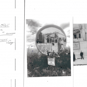 two black and white photographs of people situated around buildings. on the left "5868 - order of exchange" is written