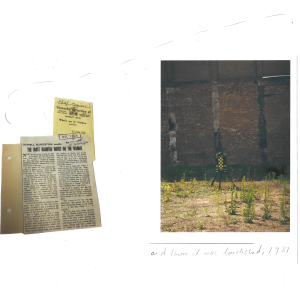 two images. the first is a collection of newspaper clippings with the topmost being titles "the most haunted house on the wandle". the second is a sculpture in front of a tall brick wall