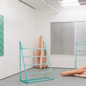 a range of sculptures showing fitness materials with silver blinds on one wall and a green towel being displayed on another