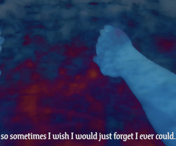 Two hands appear to be swimming in water. The subtitle reads, 'So sometimes I wish I could forgot I ever could.'