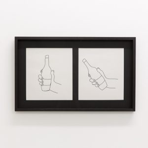 2 illustrations of a hand holding a bottle