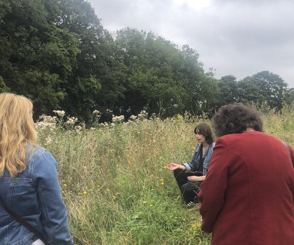 Artist Natasha Moody crouches by a meadow, chatting to a small crowd